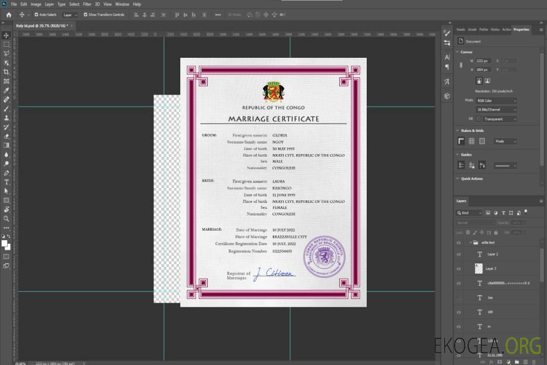 Modèle PSD de certificat de mariage du Congo, République du template
